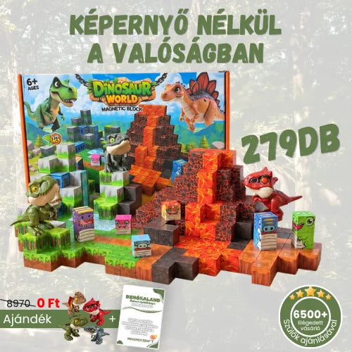 Dinókaland 279 darabos mágneses építőkészlet tartalma, 6 dinófigurával