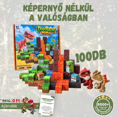Dinókaland 100 darabos mágneses építőkészlet tartalma, 3 dinófigurával