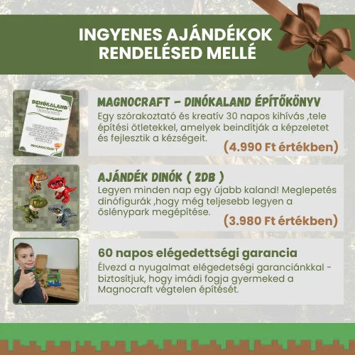 A Dinókaland ajándékai: MagnoCraft ajándékcsomag, építőfüzet és meglepetés dinótojás