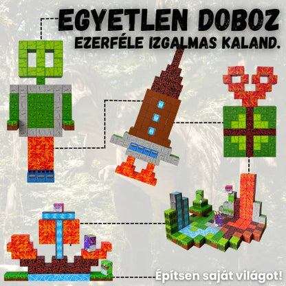 Egy Dinókaland dobozból többféle építmény: vulkán, barlang, őserdő vízeséssel